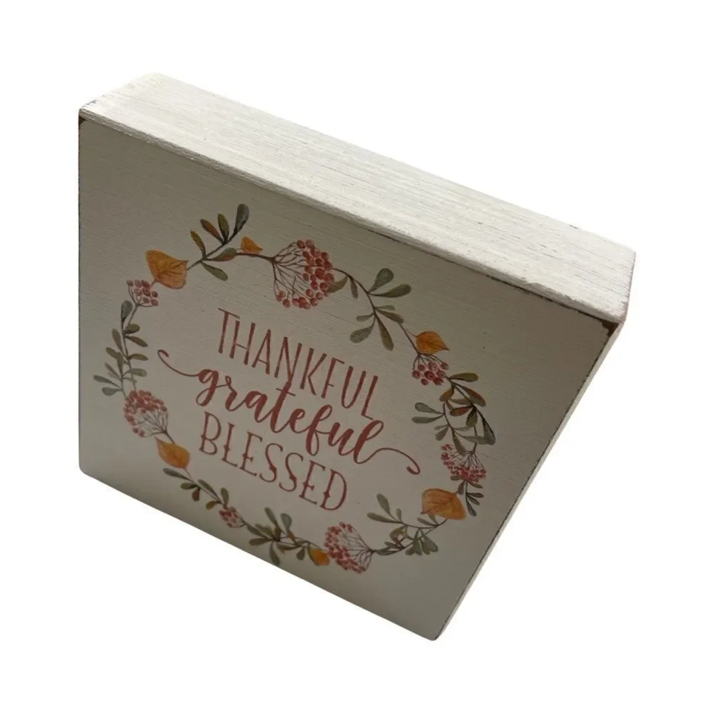 Thankful Grateful Blessed Whitewashed Distressed Wood Sign Quill to Paper NWT